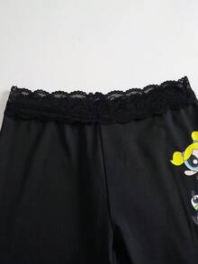 THE POWERPUFF GIRLS X SHEIN Women's Cartoon Print Waist Splicing Lace Trim Shorts - Black - View 5