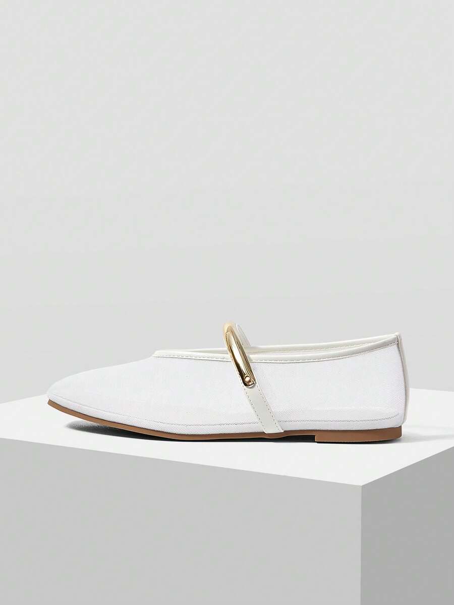 MOTF WOMEN'S  WHITE MESH METAL RING DECOR SLIP-ON LOAFERS, MINIMALIST ELEGANT FOR DAILY COMMUTE - White mesh yarn - View 2