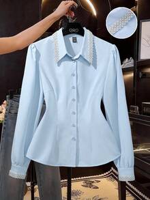 Franclia Damen Mode Perlen Schleife Dekor V-Ausschnitt Falten Taille Langarm Bluse - Blau - Übersicht 3