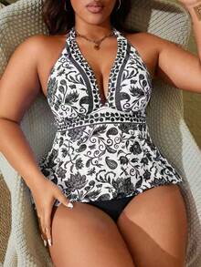 Swim Lushoire Set de 2 piezas Tankini de verano de tallas grandes con estampado de colocación multicolor, tirantes finos y espalda descubierta - Blanco y Negro - Ver 7