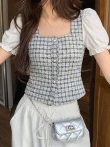 DAZY Women's Contrast Color Block Short Sleeve Front Button Simple Casual Shirt Plaid Babydoll Top - Blue - View 1