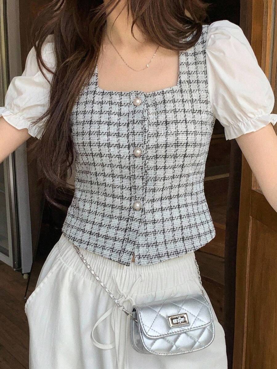 DAZY Women's Contrast Color Block Short Sleeve Front Button Simple Casual Shirt Plaid Babydoll Top - Blue - View 1