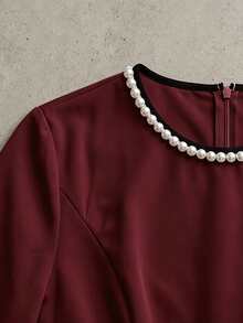 Franclia Blus Wanita Motif Blok Warna dengan Dekorasi Mutiara Imitasi, Kasual, Serbaguna untuk Pemakaian Sehari-hari - Burgundy - View 3