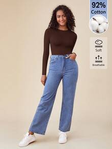 SHEIN BASICS 女款純色極簡百搭圓領長袖連身衣 - 咖啡棕 - 查看 4