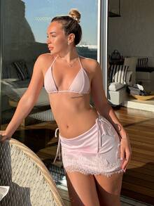 Katetique Women's Elegant Low Waist Lace Patchwork Satin Fitted Pink Mini Skirt,Pink Skirt, Summer Vacation,Summer For Women,Summer Skirt - Baby Pink - View 6