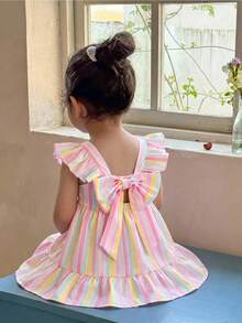 LMoss Kids 女嬰可愛夏季蝴蝶結條紋荷葉袖洋裝 - 彩色 - 查看 5