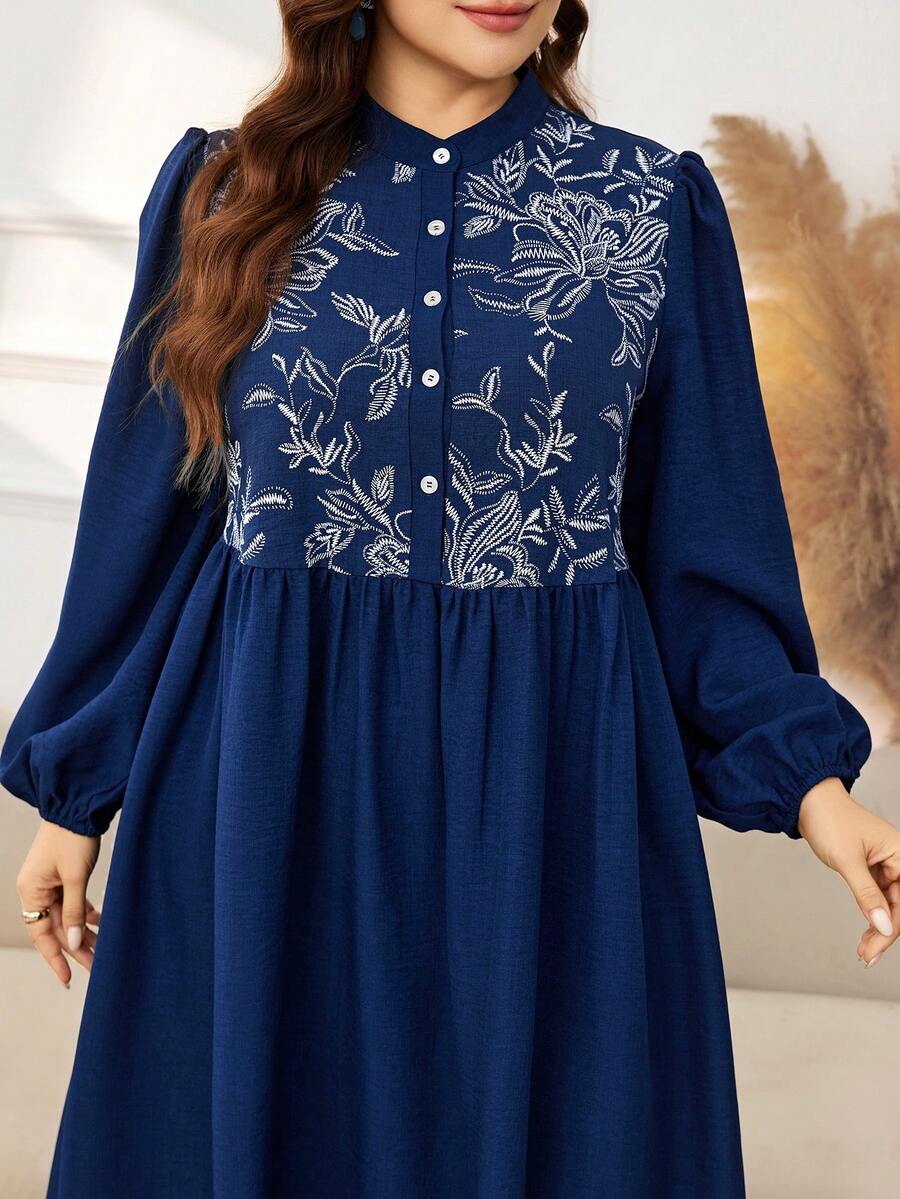 Lacomfia Women's Lantern Sleeve Ruched Waist Casual Comfortable Spring/Autumn Plus Size Dress - Navy Blue - View 1