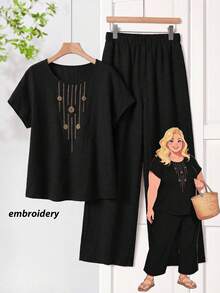 Rusticease 大尺碼女款刺繡圓領短袖上衣與長褲傳統替代風兩件套 黑色 夏季休閒優雅端莊正式 - 黑色 - 查看 5
