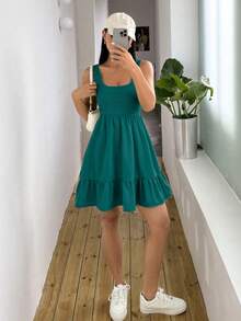 SHEIN Unity 女款素色百褶休閒日常夏季旅行洋裝 - 墨綠色 - 查看 4