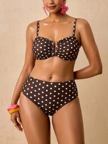 Travachic Plus Size Polka Dot Print Pleated Tank Top And Triangle Bikini Bottom Swimsuit Set Bathing Suit - Multicolor - View 4