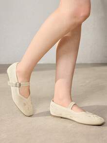 MOTF WOMEN'S NEW FASHION EMBROIDERED SQUARE TOE FLAT MARY JANE BALLET SHOES, WHITE VERSATILE COMFORTABLE FALL SHOES - Off-white - View 5