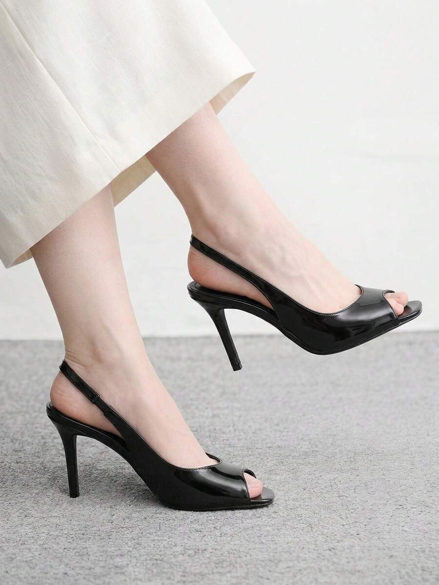 CUCCOO BIZCHIC Spring And Summer Women Open-Toed Slingback Patent Leather Small Square Toe Open Toe Stilettos - Black - View 1