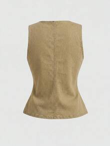 SHEIN MOD 女款時尚鈕扣圓領牛仔襯衫，適合商務辦公 - 卡其色 - 查看 4