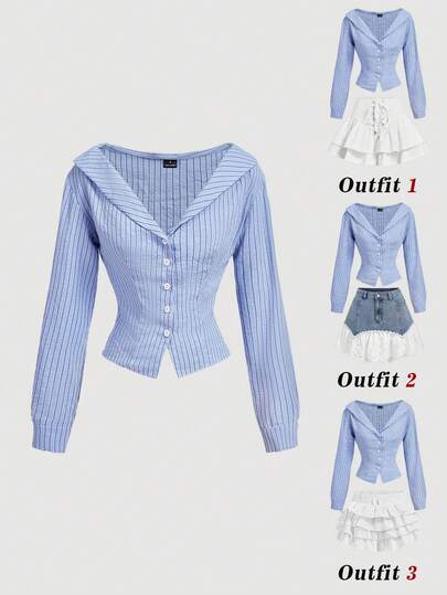SHEIN MOD Women's Navy Blue Striped Off-Shoulder Collared Tie Waist Blouse Back-To-School Teachers' Day Office Autumn Bohemian French,School,Country,Streetwear