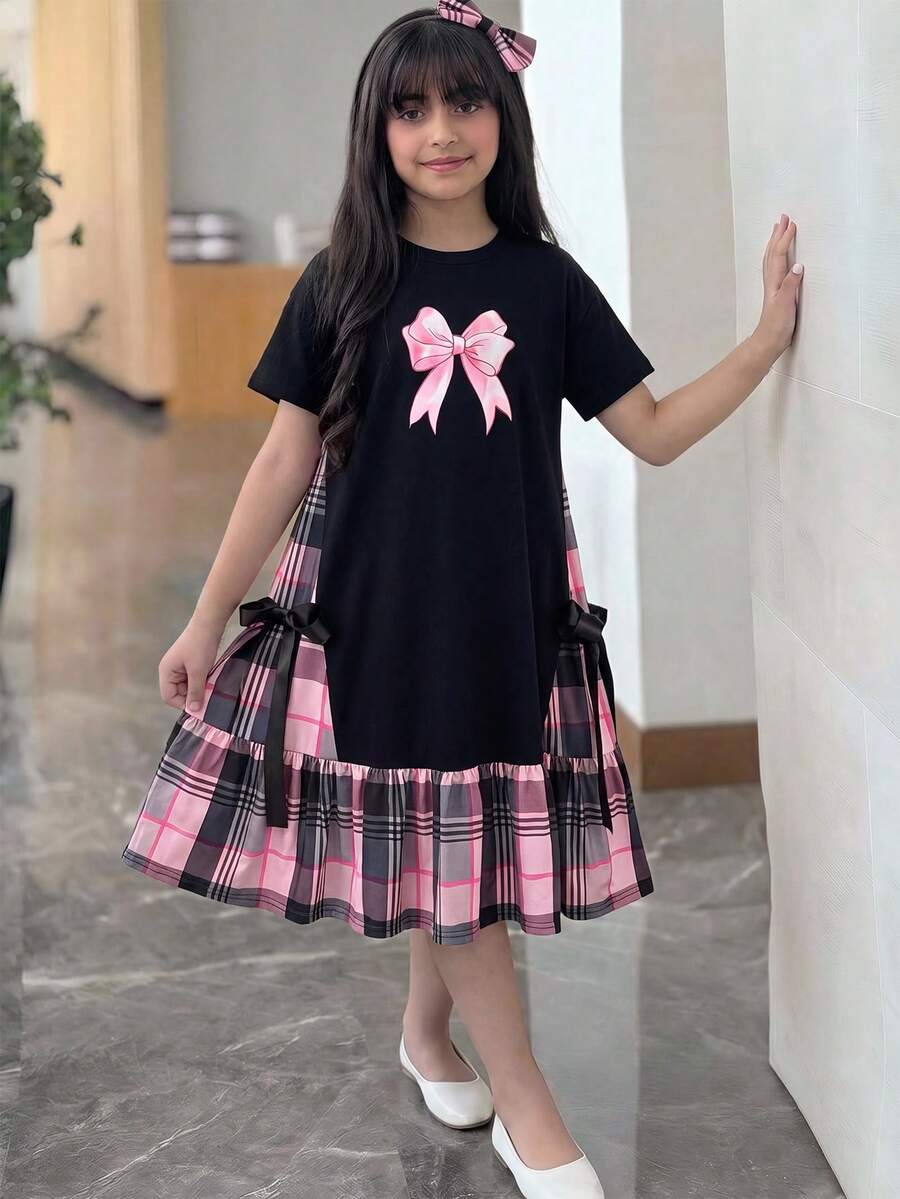 SHEIN 兒童青少年女孩度假休閒針織粉色格紋蝴蝶結裝飾短袖寬鬆A字洋裝,黑色洋裝,日常穿著,返校季 - 黑色 - 查看 1