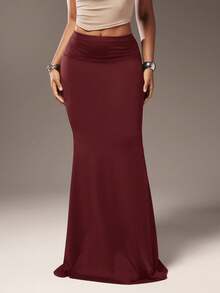 Hauture Plus Size High Waist Maxi Skirt - Burgundy - View 4