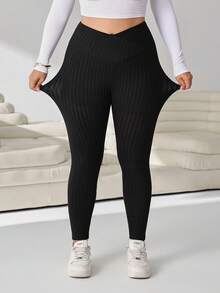 Solflare Plus Size Autumn/Winter Casual Versatile Solid Color Leggings - Black - View 6