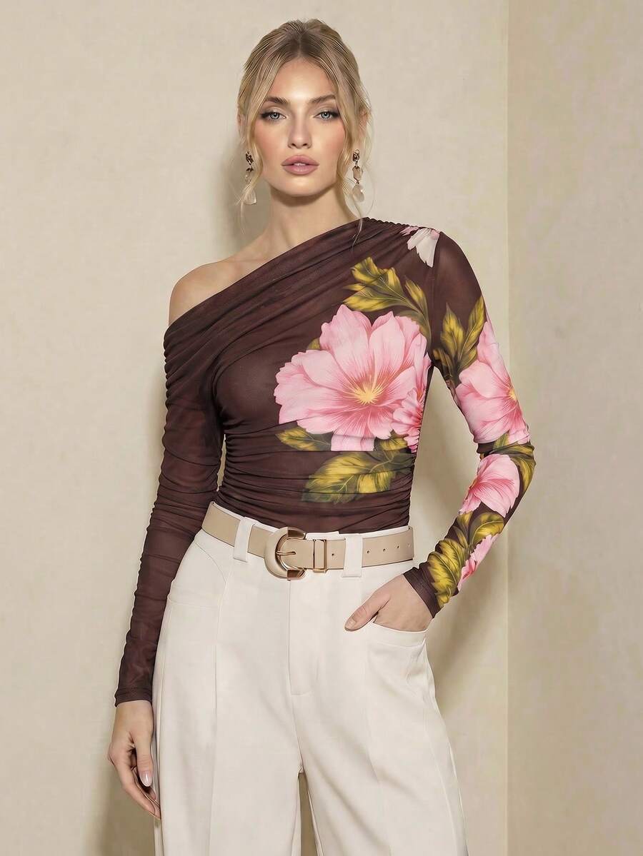 Arave Top ajustado sexy transparente con cuello asimétrico y estampado floral - Café integral - Ver 1