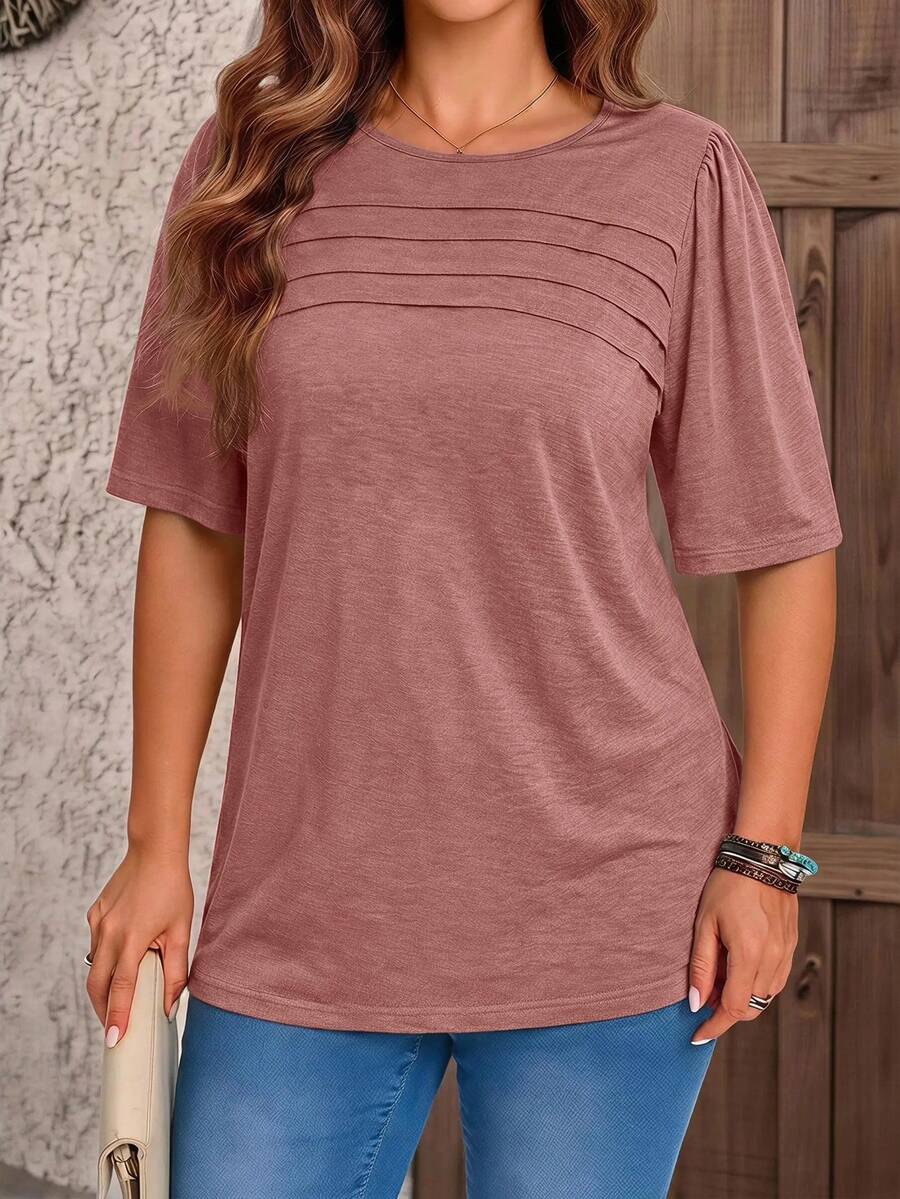 EMERY ROSE Plus Size Women's Solid Color Round Neck Short Sleeve Pleated Design Casual T-Shirt - Redwood - View 1