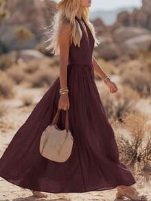 Balvessa Solid Color Sleeveless Long Dress For Vacation And Leisure - Burgundy - View 3