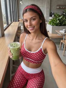 Eassivo Eassivo Women's Polka Dot Colorblock Camisole Top And High Waist Leggings Sports Set - Red - View 5