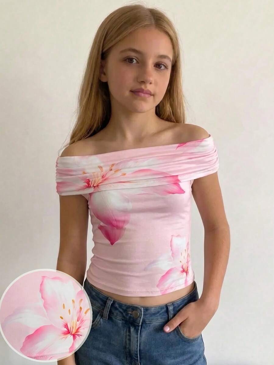 SHEIN Tween女孩三種穿法休閒熱帶海灘度假花卉印花修身上衣,夏季百搭,高領露肩設計,優雅時尚,適合假期、鄉村風、海灘度假、下午茶等場合,優雅風格,可作為舞衣或可愛上衣穿著。KIDS - 粉色 - 查看 1
