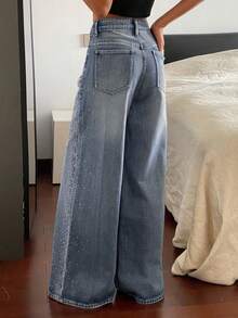 Livesso Tall Celana Jeans Denim Wanita Model Lurus Longgar dengan Hiasan Berlian Imitasi untuk Pemakaian Sehari-hari Kasual di Musim Gugur - Light Wash - View 2