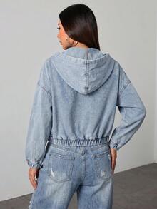 SHEIN 青少年女孩寬鬆舒適口袋設計淺藍色丹寧連帽夾克，適合日常穿著、返校季、夏季休閒 - 藍色 - 查看 2