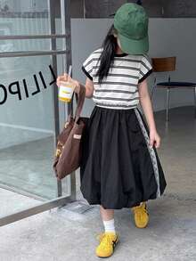 Dazy Kids 大女孩秋季新款 2 件套休閒街頭風套裝，寬鬆背心上衣搭配短袖 T 恤與工裝長褲 - 黑色 - 查看 5