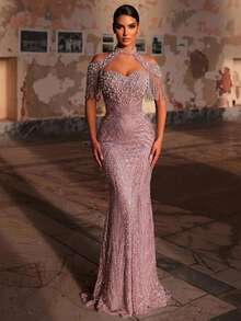 Glamrae Elegant Luxury Beaded Sequin Embroidered Floral Mesh Patchwork Elastic Knit Strapless Mermaid Dress With Detachable Jacket Tassel Sleeves For Formal - Pink - View 6