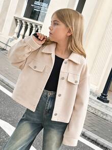 SHEIN 青少年女孩时尚街头服饰纯色编织灯芯绒落肩翻领口袋夹克，适合休闲外出、返校季和 Y2K 季 - 卡其色 - 查看 2