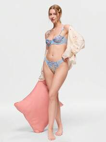 Bonmuse Lencería sexy para mujer, malla azul, ultra fina, floral, patchwork, bordada, moldeada, dulce, conjunto de 2 piezas: sujetador + tanga, azul claro fresco para el verano para el verano - Azul - Ver 6