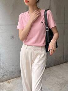 DAZY Women V-Neck Embroidered Short Sleeve Casual T-Shirt - Pink - View 2