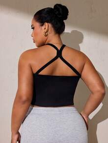 SHEIN Sports Plus Size Women's Solid Color Everyday Fitness Tank Top Sports Bra - Black - View 6