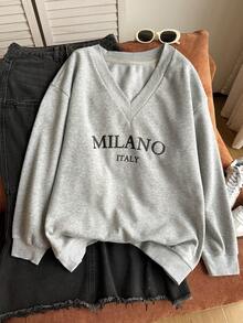 Comfortcana Casual Soft Form Traditional Minimalist Plus Size V-Neck Loose Sweatshirt Suitable For Autumn/Winter Back-To-School Vacation Date Dates Night Black - Grey - View 11