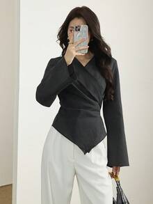 Solavon 女款優雅休閒通勤黑白條紋裹身襯衫，秋季女裝，教師節辦公室晚餐商務穿搭 - 黑色 - 查看 2