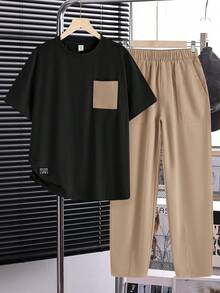 SHEIN 2件組青少年男孩休閒舒適百搭趣味拼色貼袋短袖上衣與長褲套裝 - 卡其色 - 查看 1