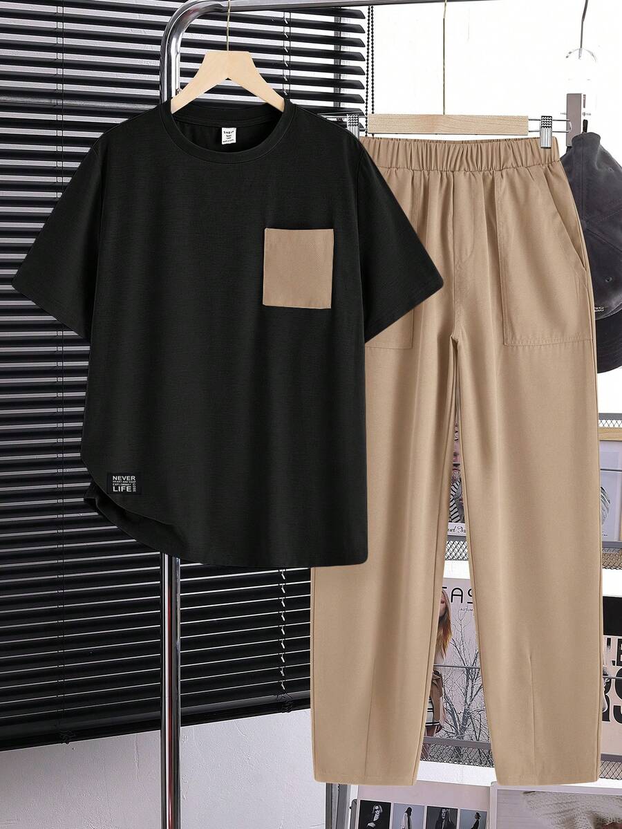 SHEIN 2件組青少年男孩休閒舒適百搭趣味拼色貼袋短袖上衣與長褲套裝 - 卡其色 - 查看 1