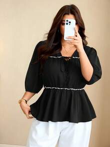 Edennvi Plus Size Women's Black And White V-Neck Pearl Ruched Doll Blouse, 3/4 Petal Sleeve Tie Loose Fit Flattering Belly-Covering Top, Soft Slimming Blouse - Black - View 7