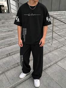 Teen Boys 2-Piece Set, Street Style Cool Black Short Sleeve Outfit, LosAngeles Letter Print T-Shirt And Wide Leg Sweatpants, City Slogan Print Design, Loose Fit, Comfortable For Daily Wear, Street, Campus Activities - Black - View 3