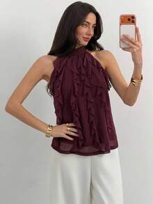 Aloruh Women's Solid Color Ruffle Halter Neck Top, Fashionable Versatile Daily Wear,Purple-Red Top,Teacher Outfits,Casual,Commuting,Work Tops,Summer,Office - Red Violet - View 5