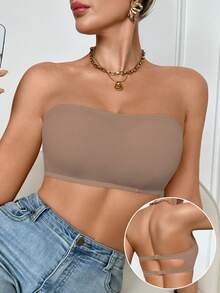 SHEIN Bralette 與無鋼圈內墊胸罩，直帶式 - 摩卡棕 - 查看 2