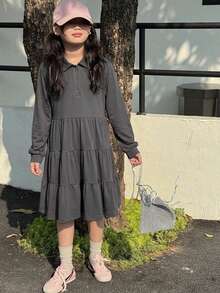 Hapijoa 青少年女孩秋季大碼襯衫領針織長袖拼接洋裝 - 深灰色 - 查看 6