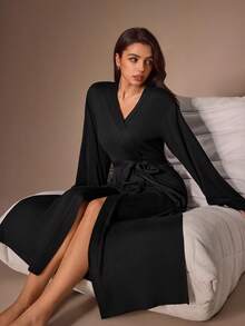 Lazeform Women's Lazy Comfortable Casual Classy Elegant Black Side Slit Loungewear Robe Lounge Formal Autumn - Black - View 4