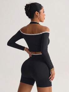 Glamine Charm Women's Off-Shoulder Halter Neck Cropped Top And Shorts Sports Set - Black - View 5