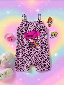 THE POWERPUFF GIRLS X SHEIN 女嬰豹紋卡通圖案細肩帶連身褲 - 粉色 - 查看 1