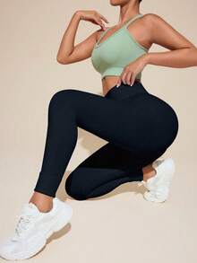 Gameset SHEIN Sport 女款純色高腰日常健身運動緊身褲 - 黑色 - 查看 3