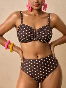 Travachic Plus Size Polka Dot Print Pleated Tank Top And Triangle Bikini Bottom Swimsuit Set Bathing Suit - Multicolor - View 6