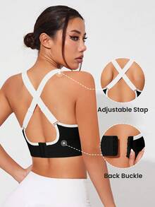 Solea Cove Solea Cove 女款拼色交叉背運動內衣/無縫/鈕扣式/肩帶 - 黑色 - 查看 6