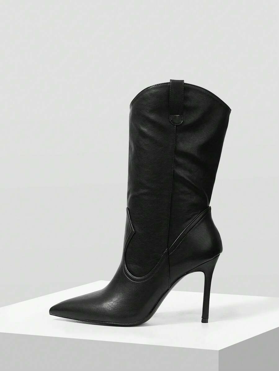 MOTF BLACK VERSATILE AUTUMN AND WINTER SIMPLE WESTERN POINTED HEEL MEDIUM BOOTS COWBOY BOOTS - Black - View 2